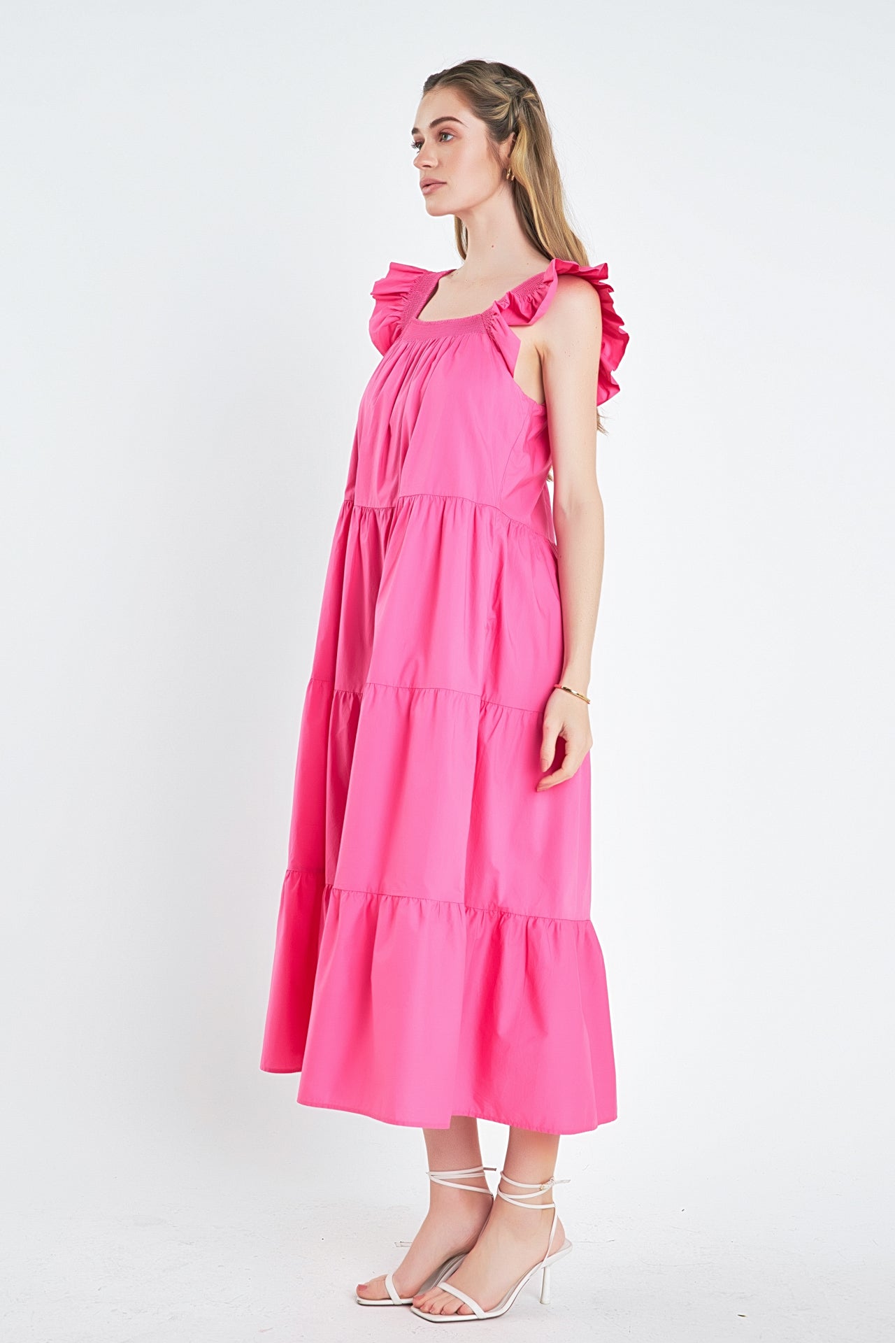 Square Neck Ruffle Detail Tiered Midi Dress