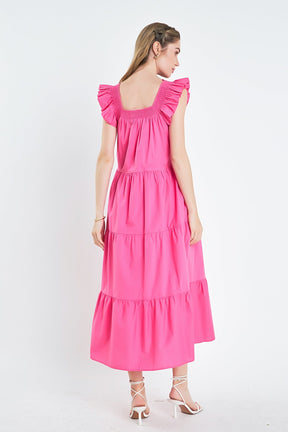 Square Neck Ruffle Detail Tiered Midi Dress