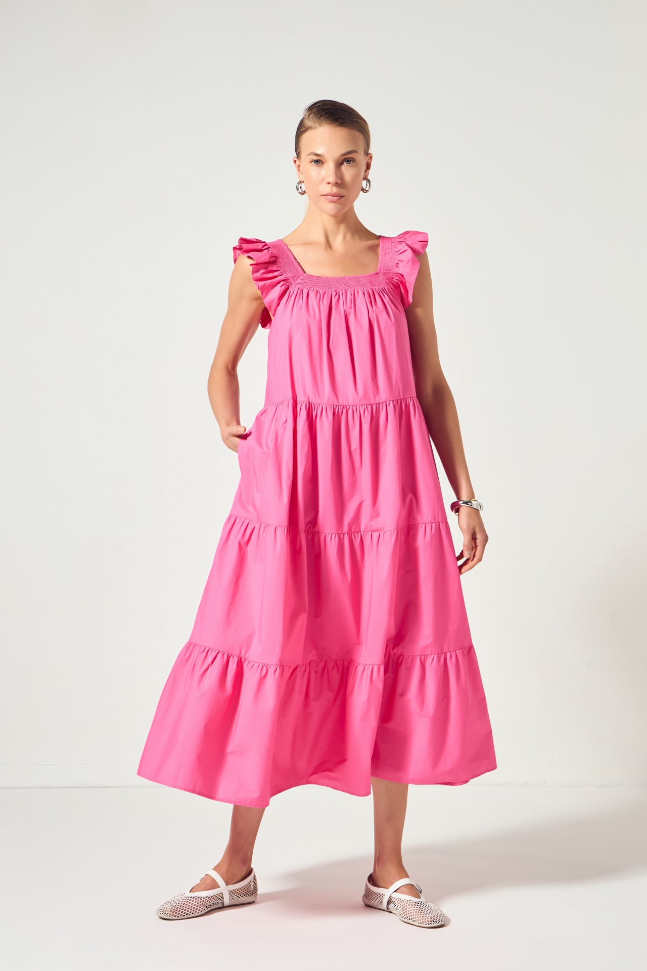 Square Neck Ruffle Detail Midi Dress