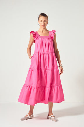 Square Neck Ruffle Detail Midi Dress