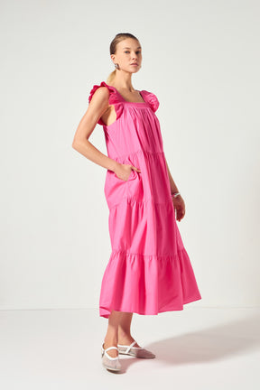 Square Neck Ruffle Detail Midi Dress