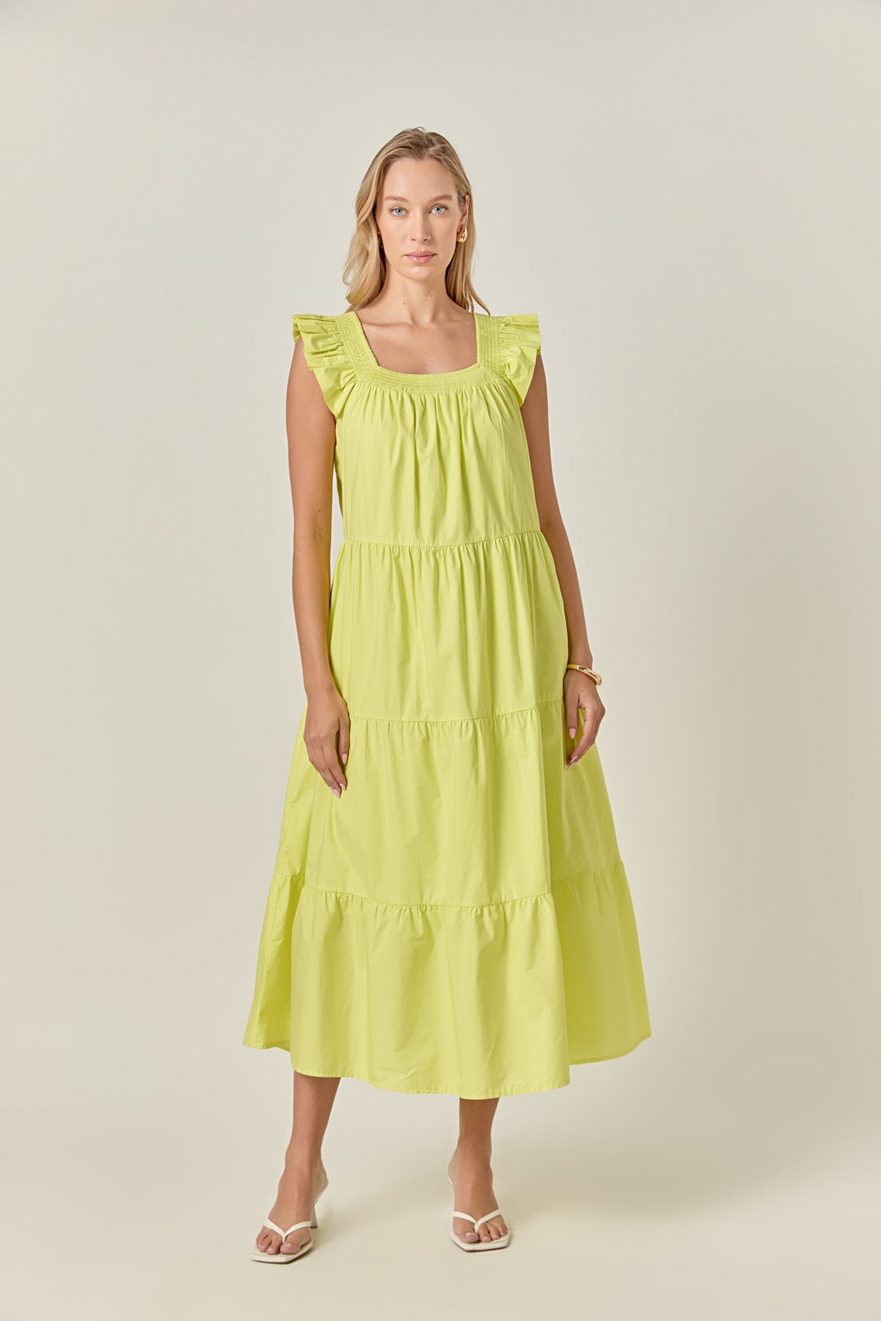 Square Neck Ruffle Detail Midi Dress