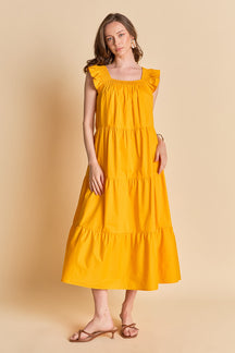 Square Neck Ruffle Detail Midi Dress