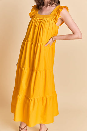Square Neck Ruffle Detail Midi Dress