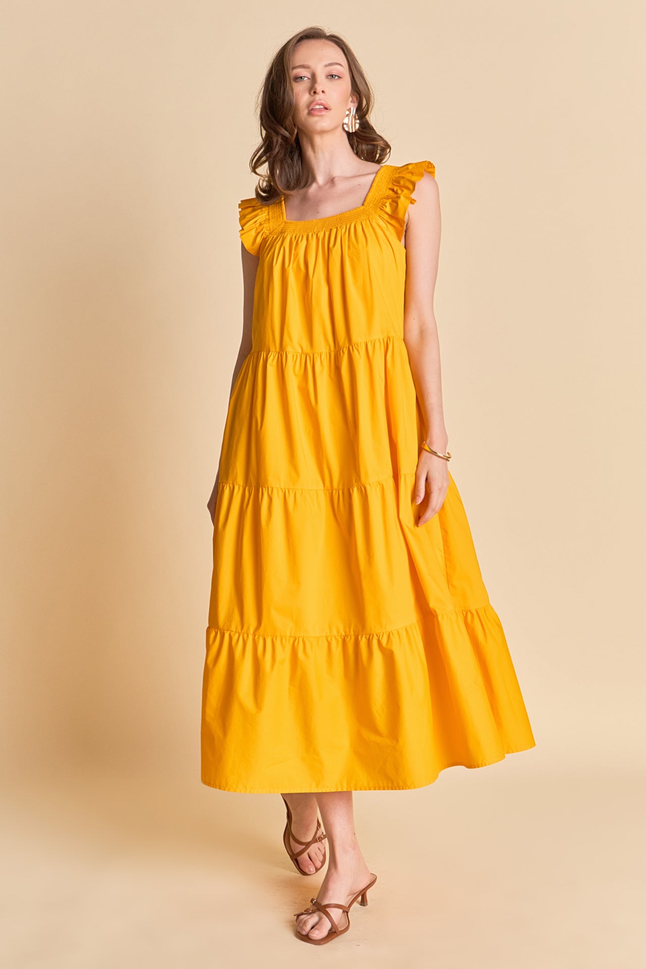 Square Neck Ruffle Detail Midi Dress