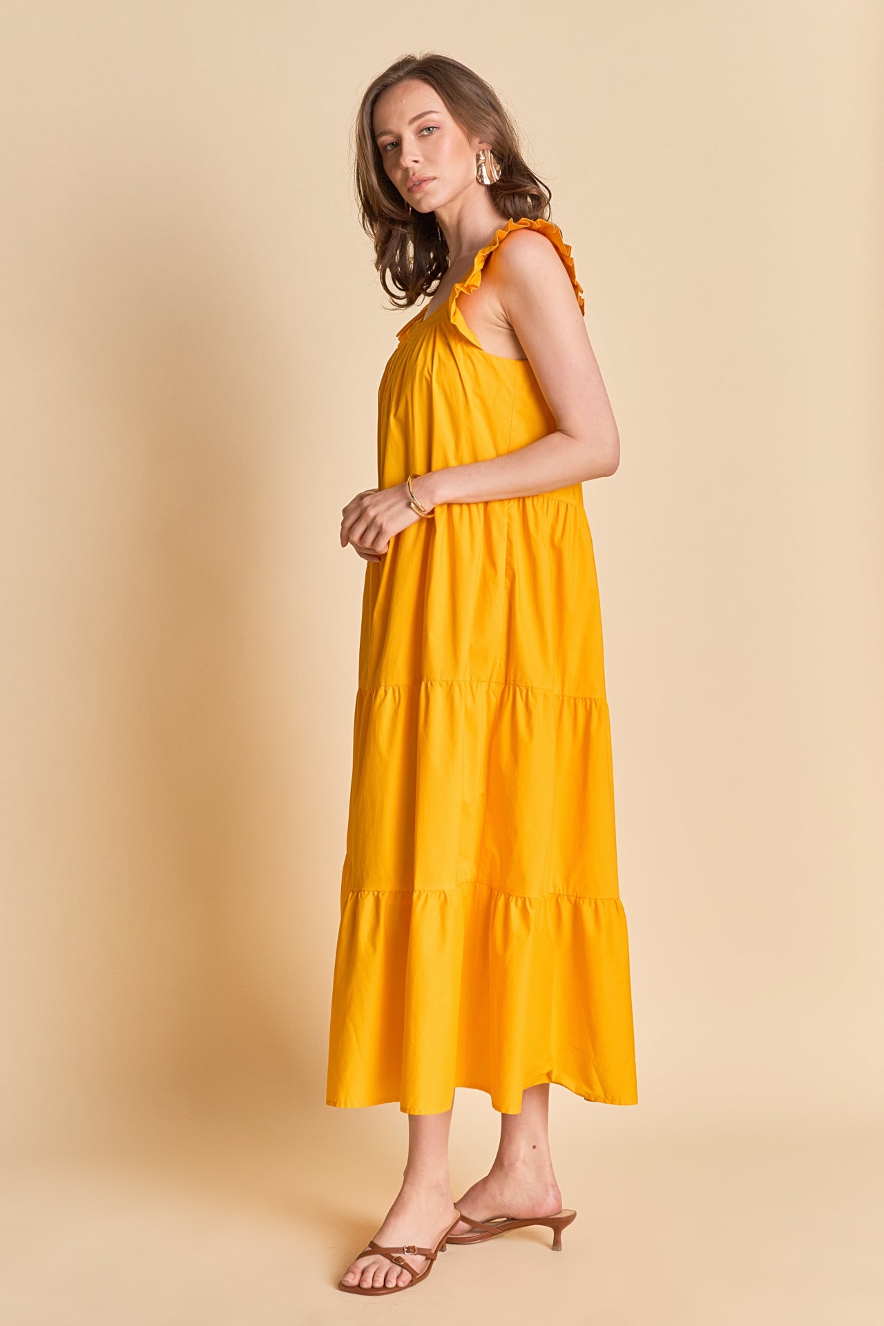 Square Neck Ruffle Detail Midi Dress