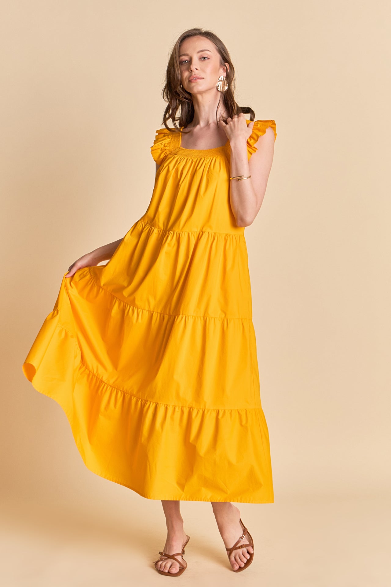 Square Neck Ruffle Detail Midi Dress