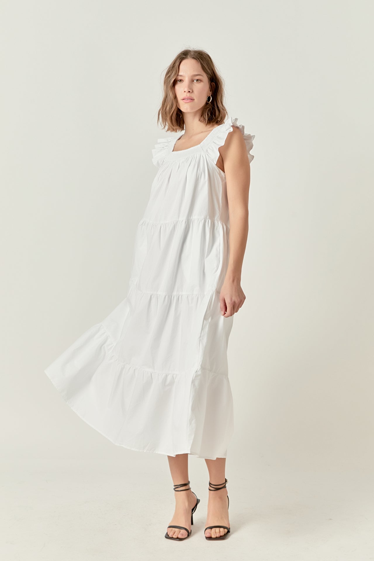 Square Neck Ruffle Detail Tiered Midi Dress