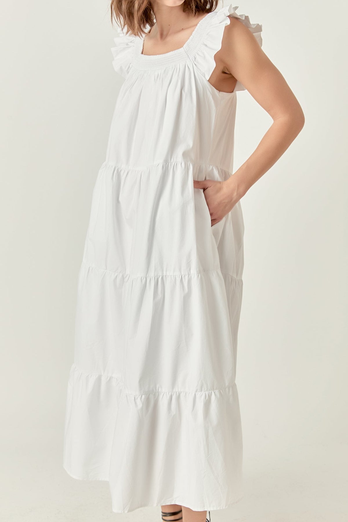 Square Neck Ruffle Detail Tiered Midi Dress