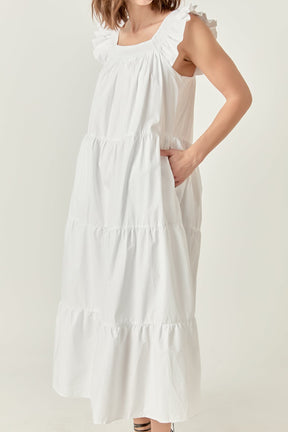 Square Neck Ruffle Detail Tiered Midi Dress
