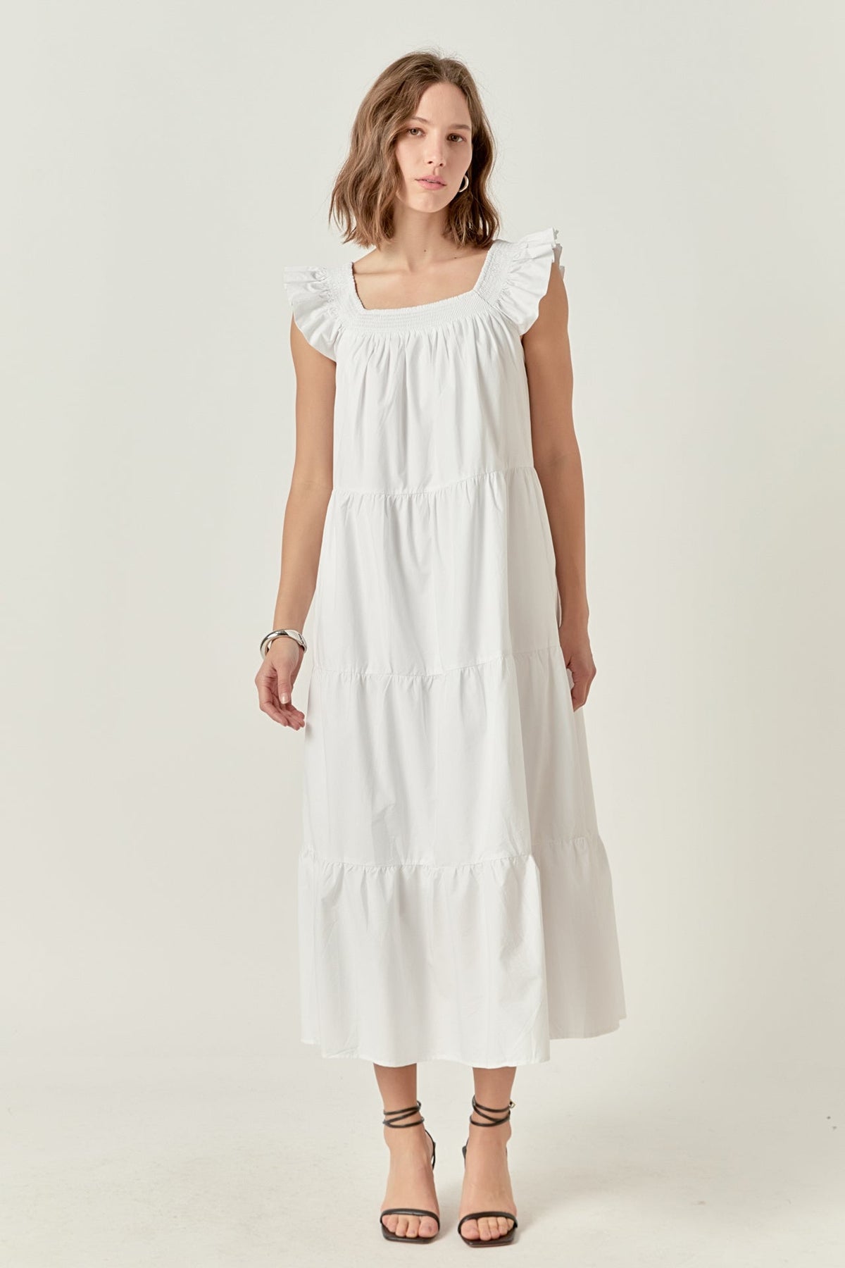 Square Neck Ruffle Detail Tiered Midi Dress