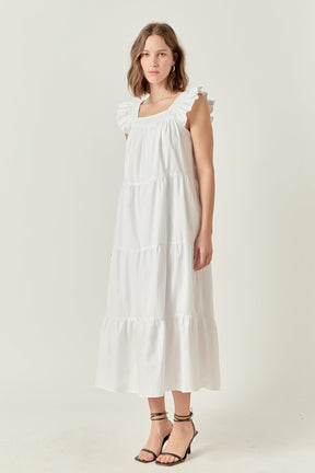 Square Neck Ruffle Detail Tiered Midi Dress