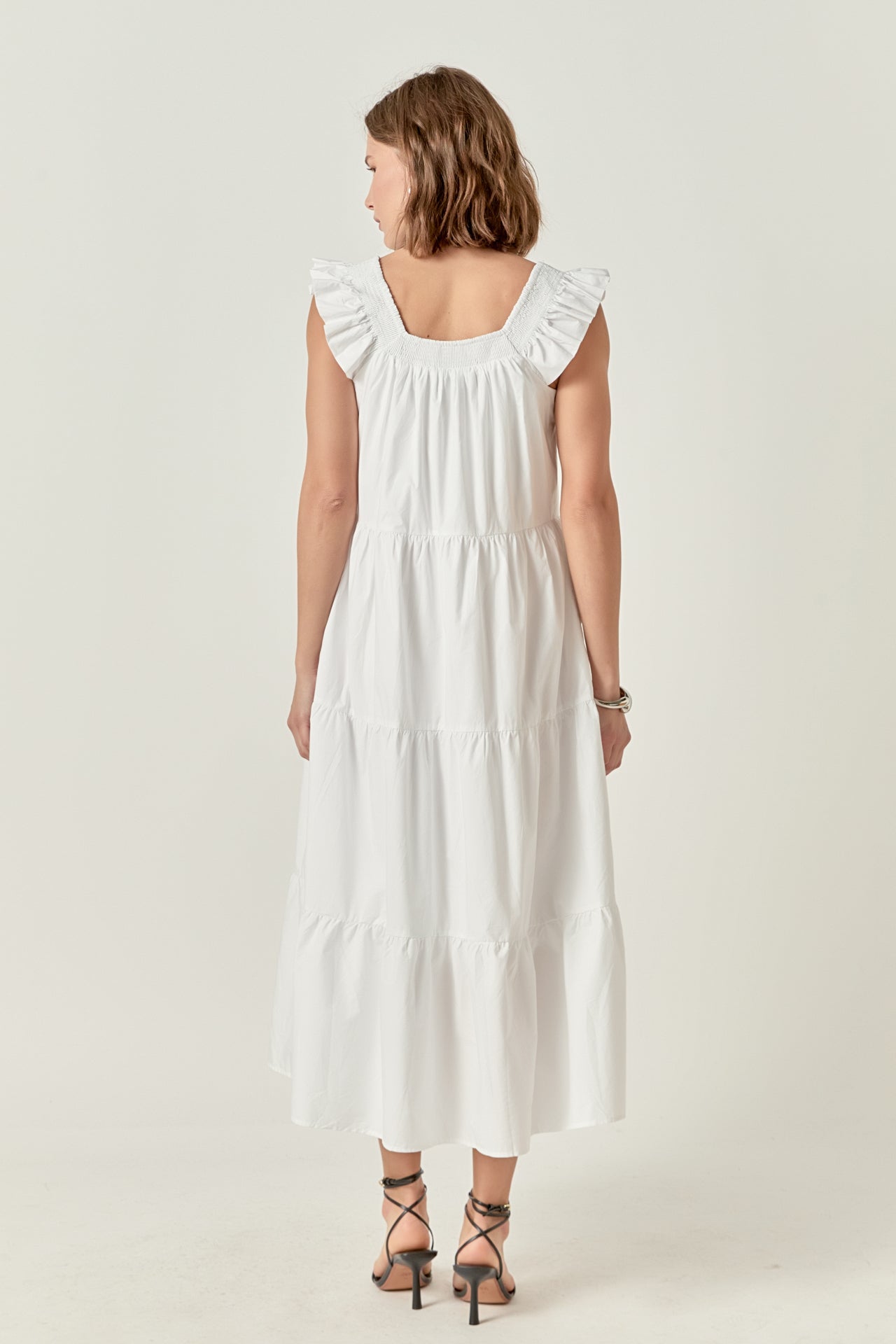 Square Neck Ruffle Detail Tiered Midi Dress
