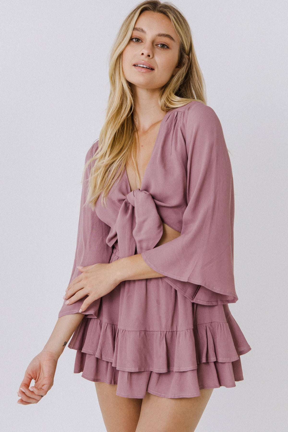 Front Bow Tie Romper With Ruffled Hem