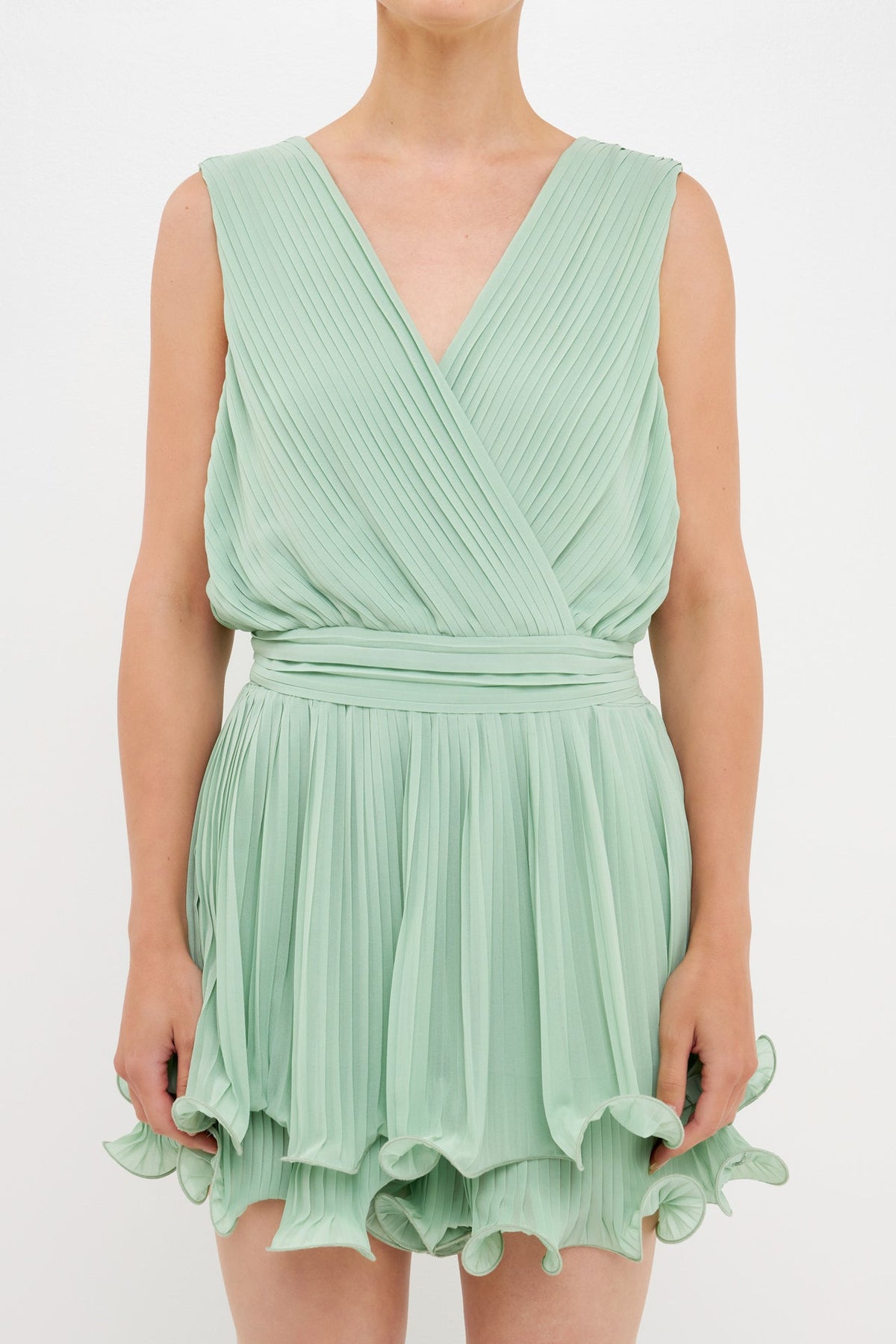 ENDLESS ROSE - V Neck Pleated Sleeveless Romper - ROMPERS available at Objectrare