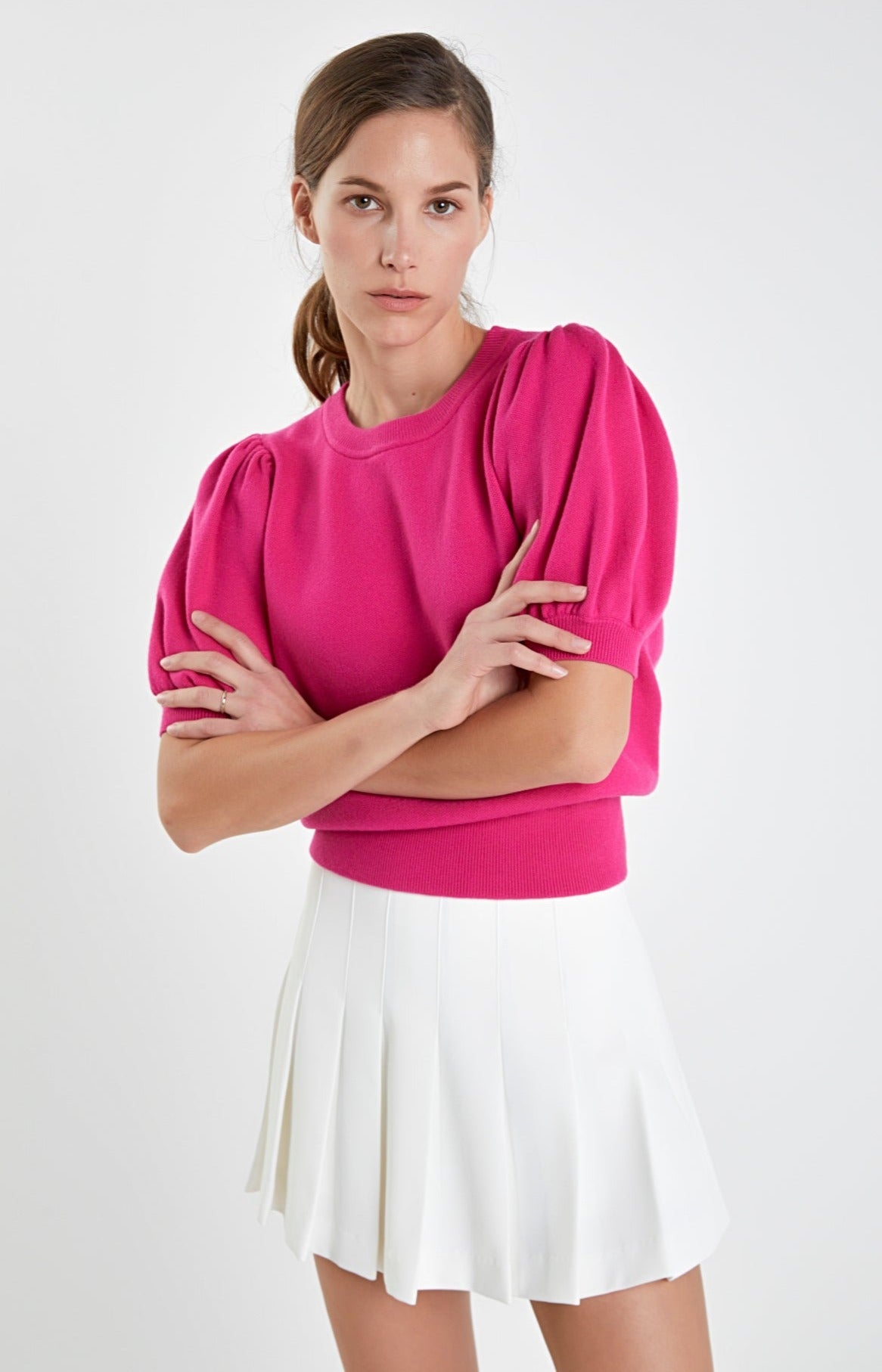 ENGLISH FACTORY - Short Puff Sleeve Knit Top - SWEATERS & KNITS available at Objectrare