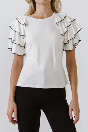 Contrast Edge Ruffled Sleeve Knit Top