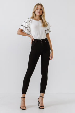 Contrast Edge Ruffled Sleeve Knit Top