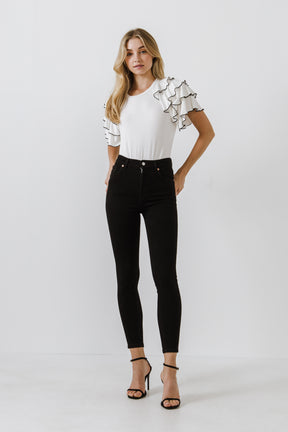 Contrast Edge Ruffled Sleeve Knit Top