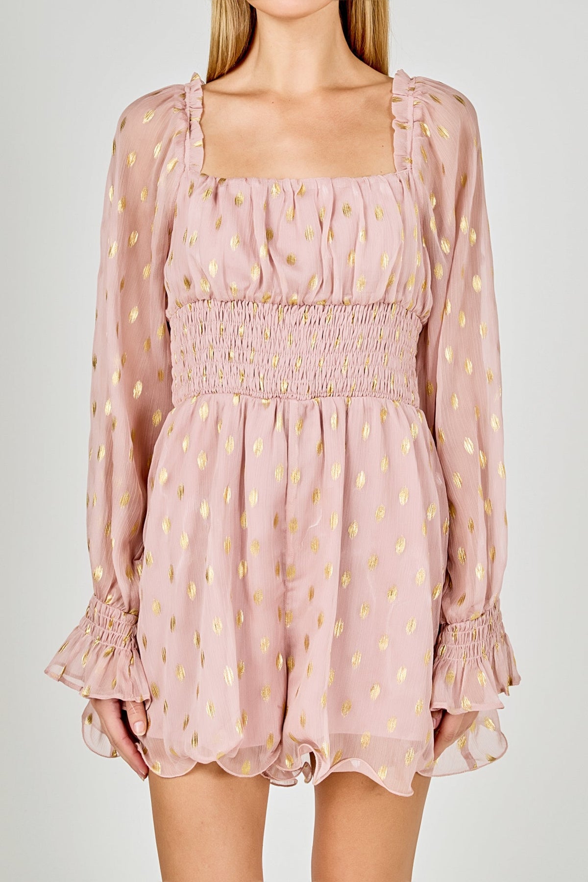 ENDLESS ROSE - Foiled Dot Long Sleeves Romper - ROMPERS available at Objectrare