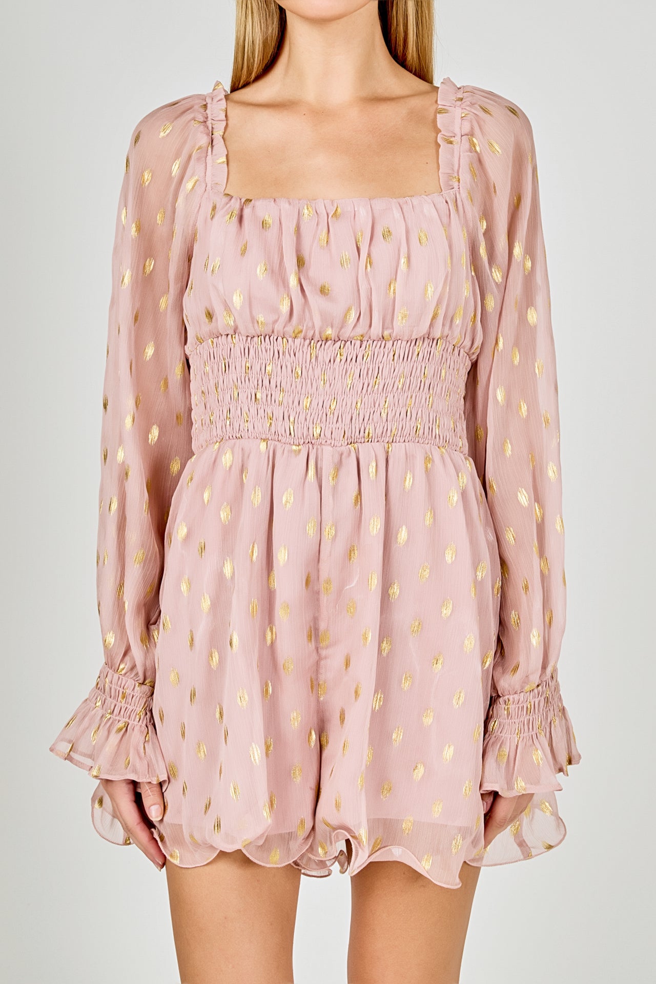 ENDLESS ROSE - Foiled Dot Long Sleeves Romper - ROMPERS available at Objectrare