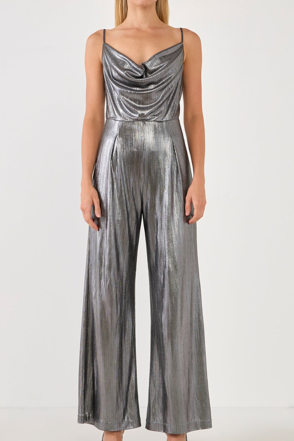 ENDLESS ROSE - Endless Rose - Cowl Neck Cami Bodice Metallic Jumpsuit - JUMPSUITS available at Objectrare