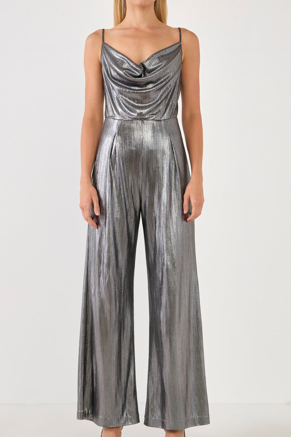 ENDLESS ROSE - Cowl Neck Cami Bodice Metallic Jumpsuit - JUMPSUITS available at Objectrare