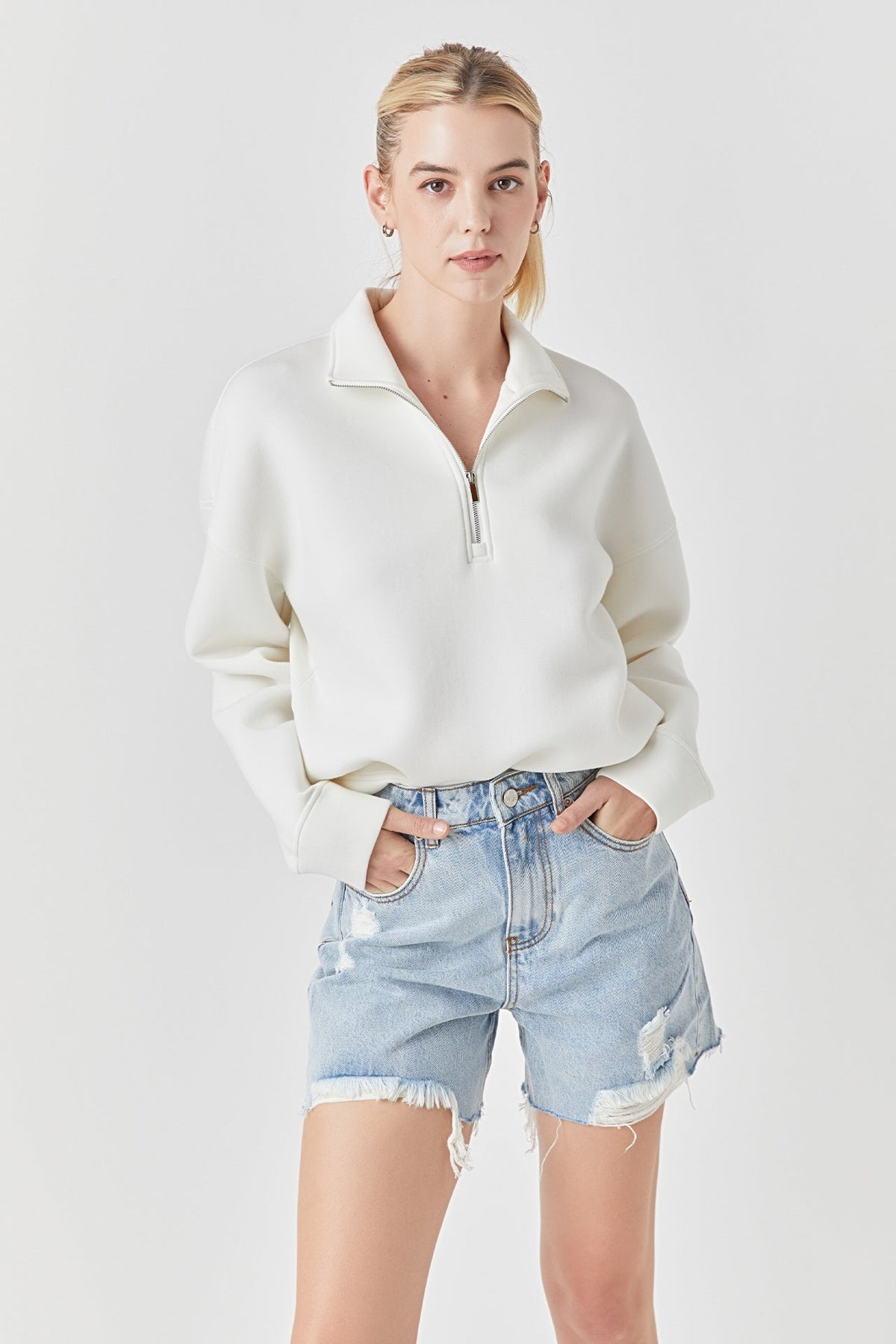 GREY LAB - Destroyed Hem Denim Shorts - SHORTS available at Objectrare