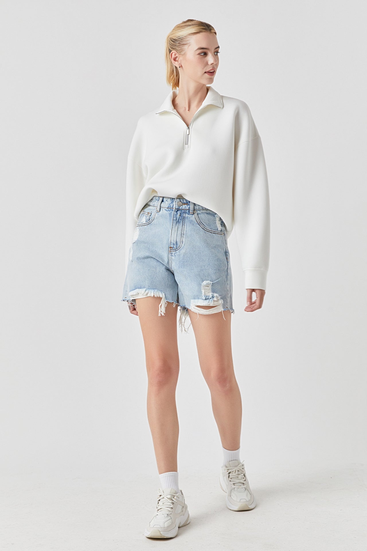 GREY LAB - Destroyed Hem Denim Shorts - SHORTS available at Objectrare