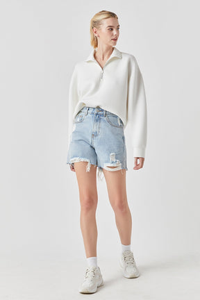 GREY LAB - Destroyed Hem Denim Shorts - SHORTS available at Objectrare