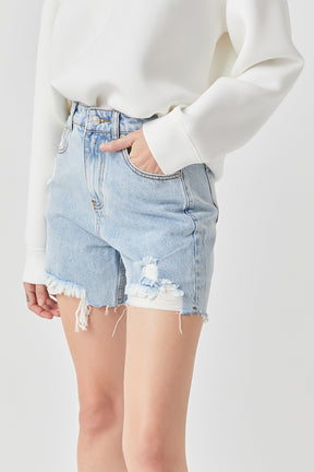 GREY LAB - Grey Lab - Destroyed Hem Denim Shorts - SHORTS available at Objectrare