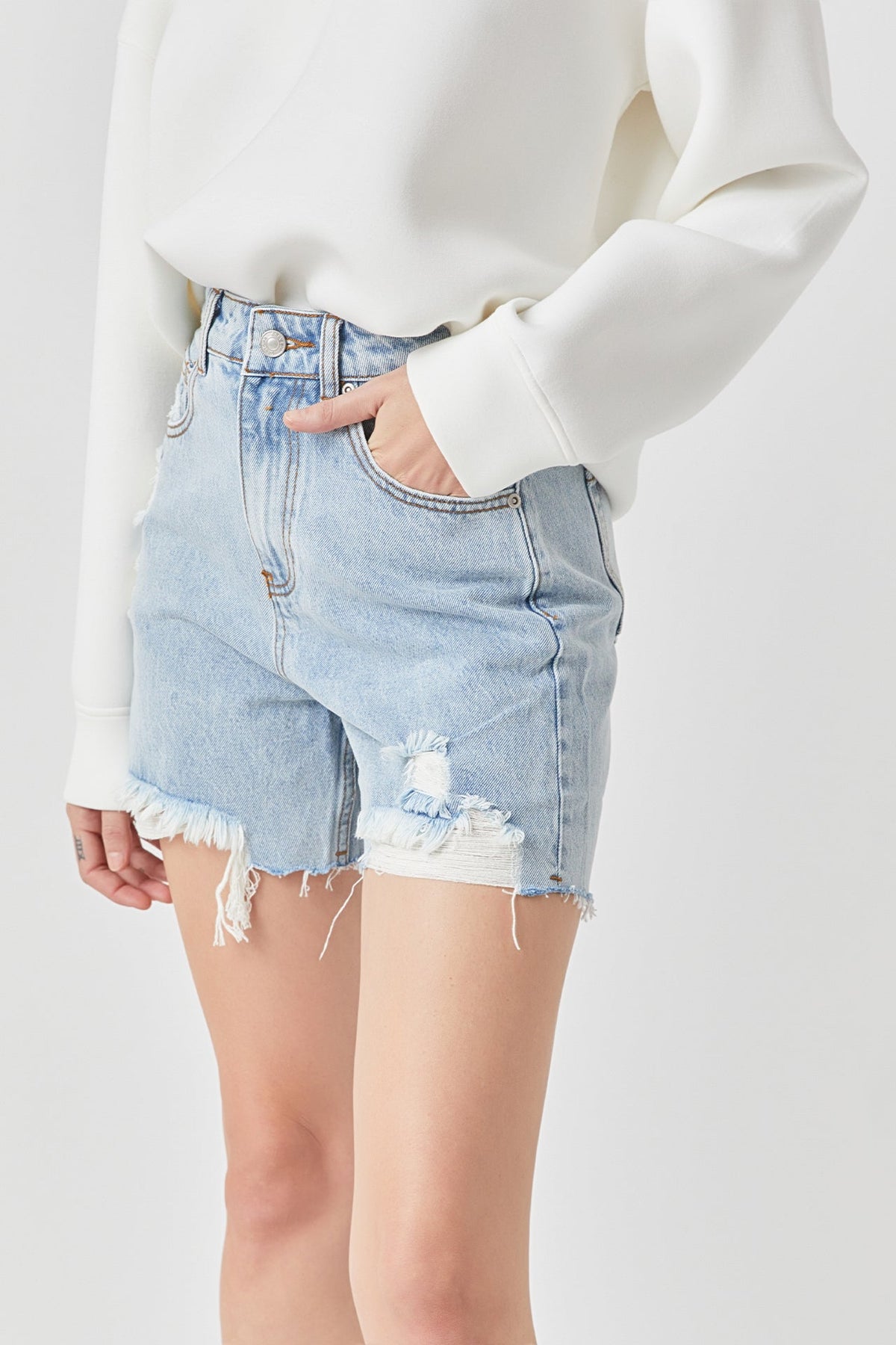GREY LAB - Destroyed Hem Denim Shorts - SHORTS available at Objectrare