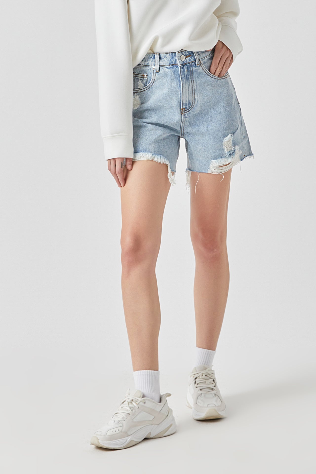 GREY LAB - Destroyed Hem Denim Shorts - SHORTS available at Objectrare
