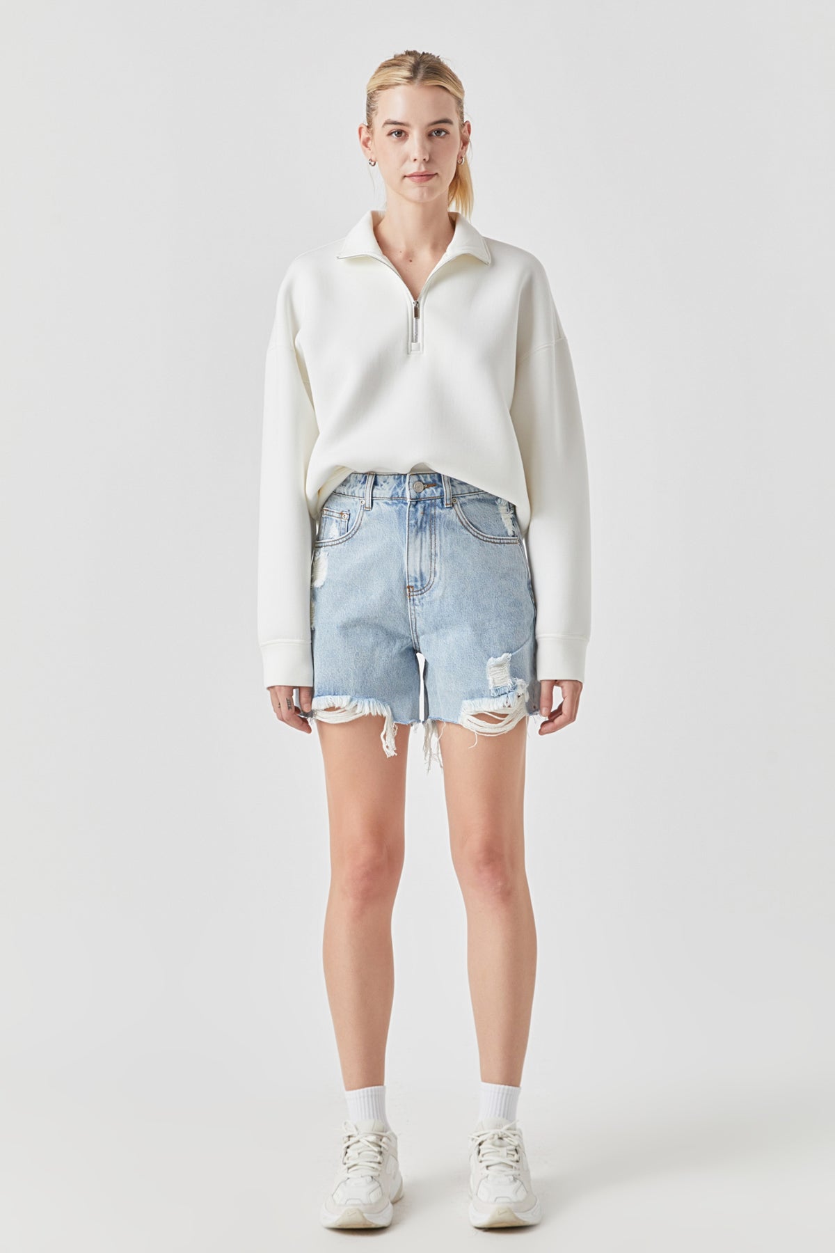 GREY LAB - Destroyed Hem Denim Shorts - JEANS available at Objectrare