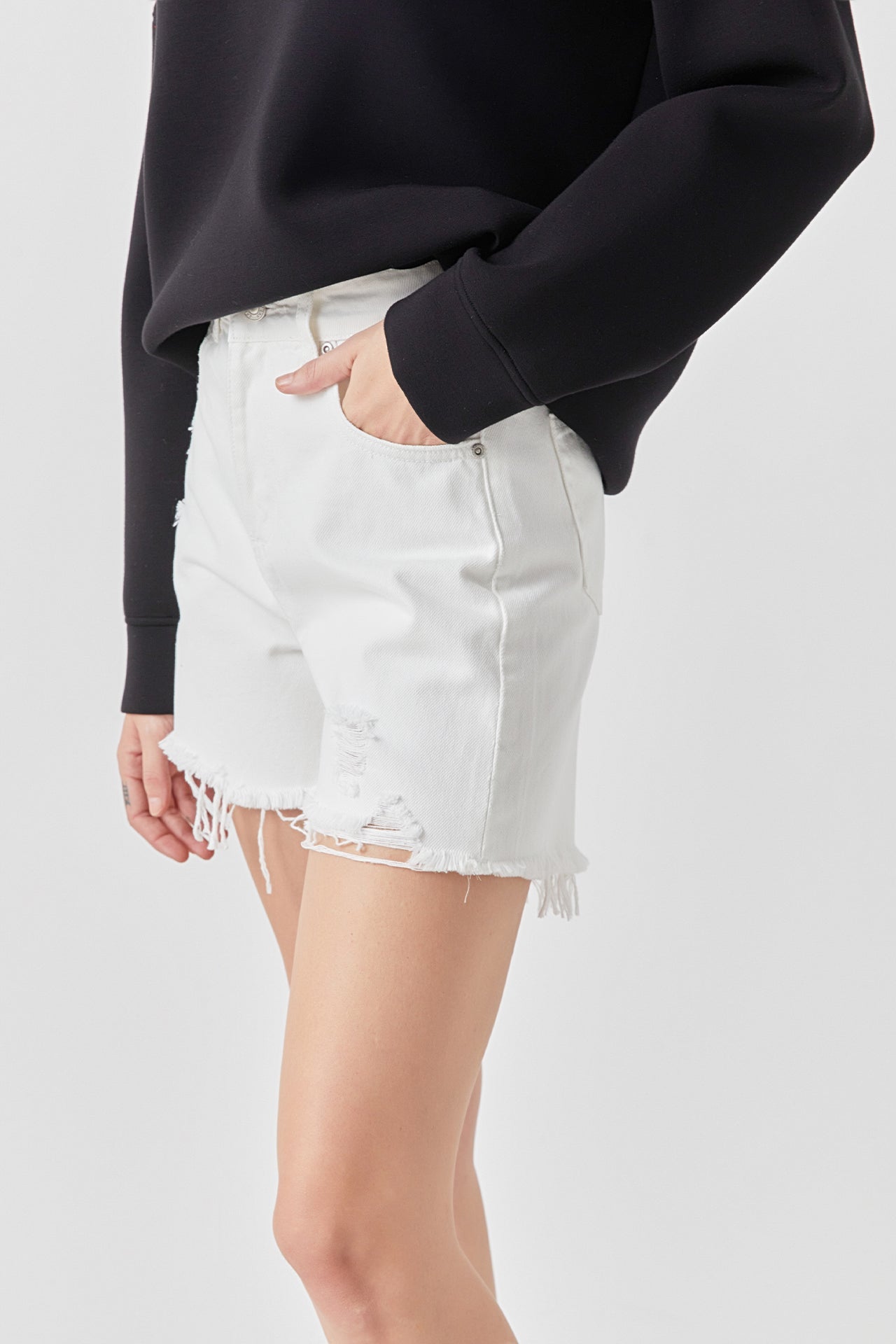 GREY LAB - Grey Lab - Destroyed Hem Denim Shorts - SHORTS available at Objectrare