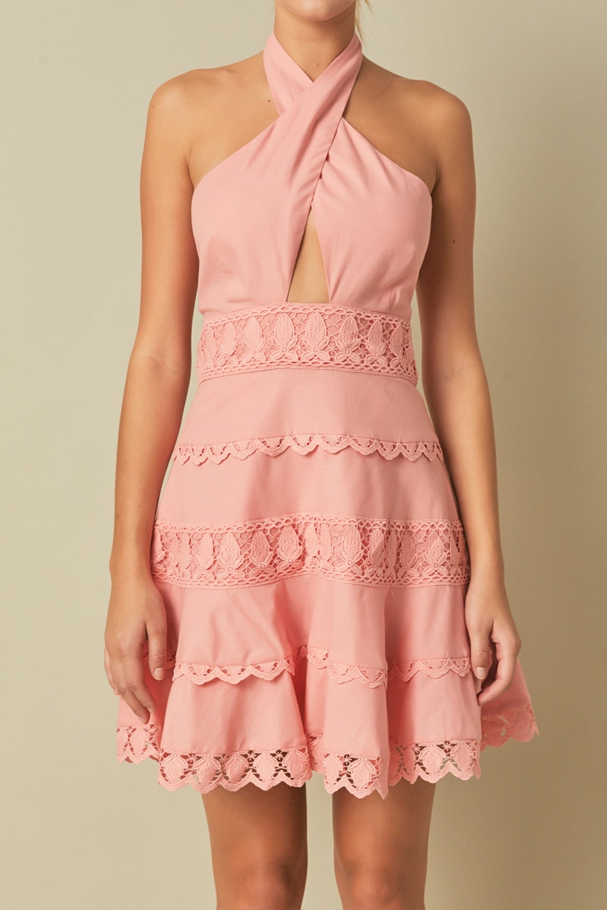 ENDLESS ROSE - Halter Neck Lace Trim Dress - DRESSES available at Objectrare