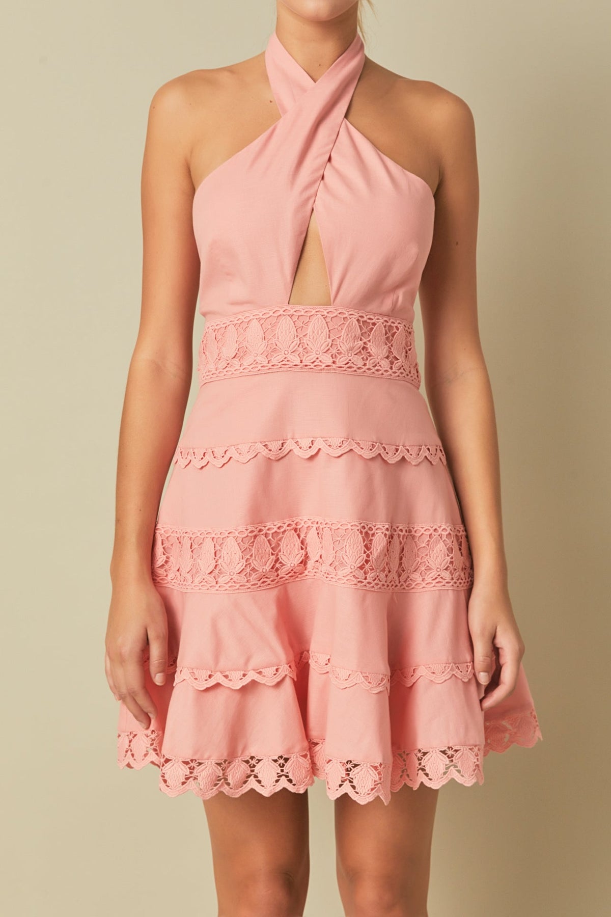 Endless Rose - Halter Neck Lace Trim Dress