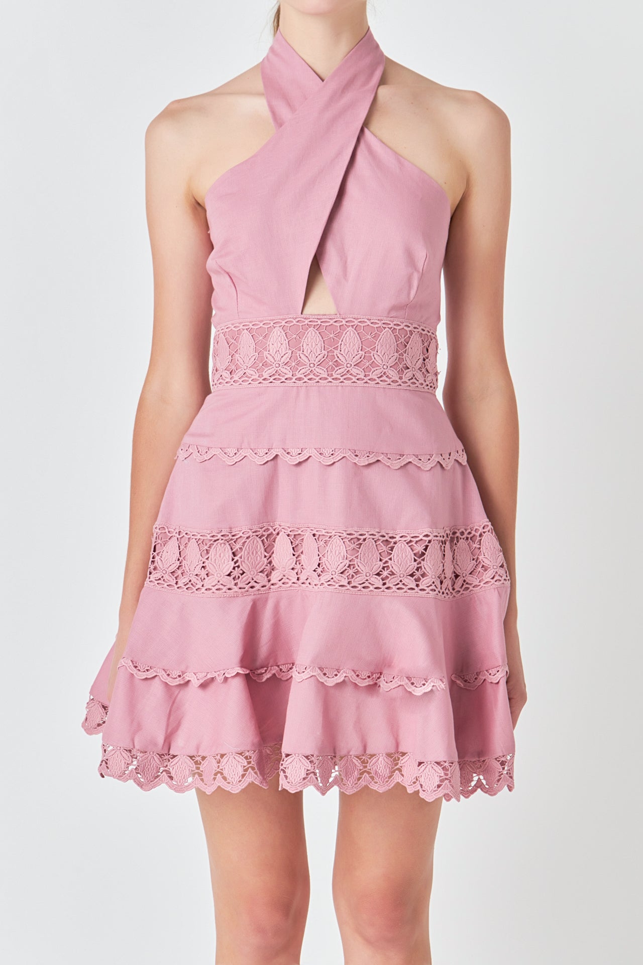 ENDLESS ROSE - Halter Neck Lace Trim Dress - DRESSES available at Objectrare