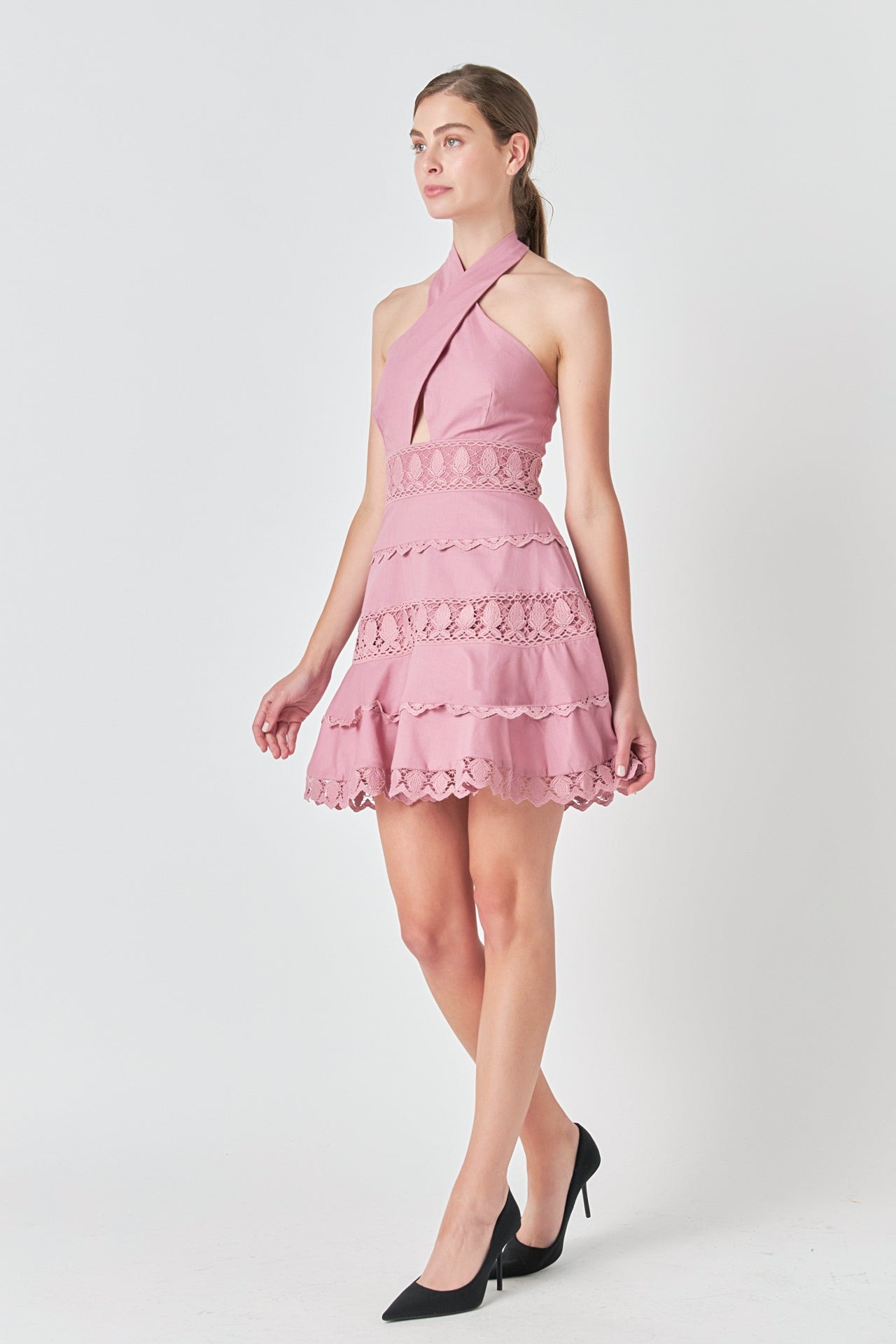 ENDLESS ROSE - Halter Neck Lace Trim Dress - DRESSES available at Objectrare