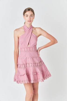 ENDLESS ROSE - Halter Neck Lace Trim Dress - DRESSES available at Objectrare