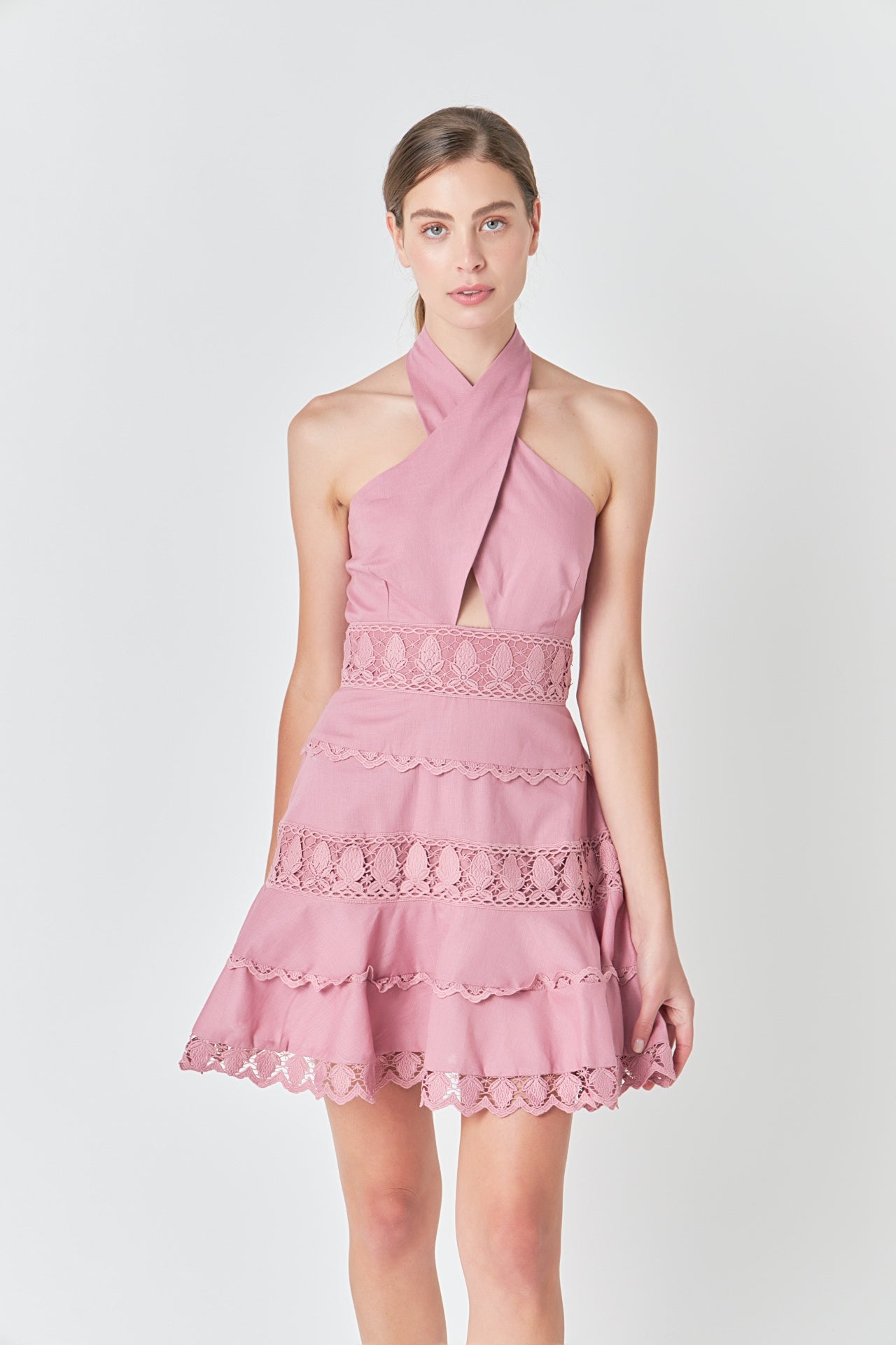 ENDLESS ROSE - Halter Neck Lace Trim Dress - DRESSES available at Objectrare