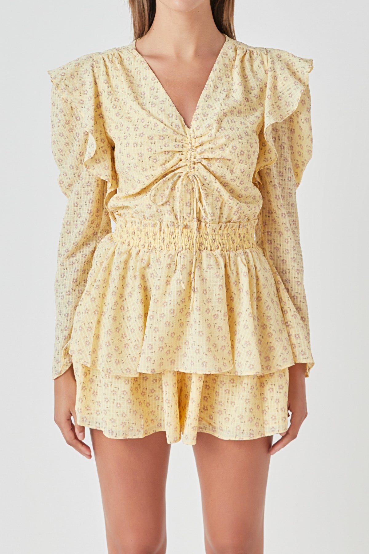 ENDLESS ROSE - Ruched Front Long Sleeve Floral Romper - ROMPERS available at Objectrare
