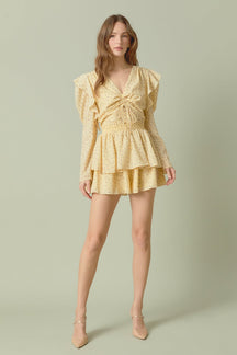 ENDLESS ROSE - Endless Rose - Ruched Front Long Sleeve Floral Romper - ROMPERS available at Objectrare