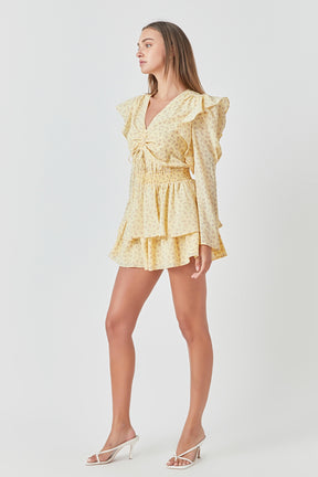 ENDLESS ROSE - Ruched Front Long Sleeve Floral Romper - ROMPERS available at Objectrare