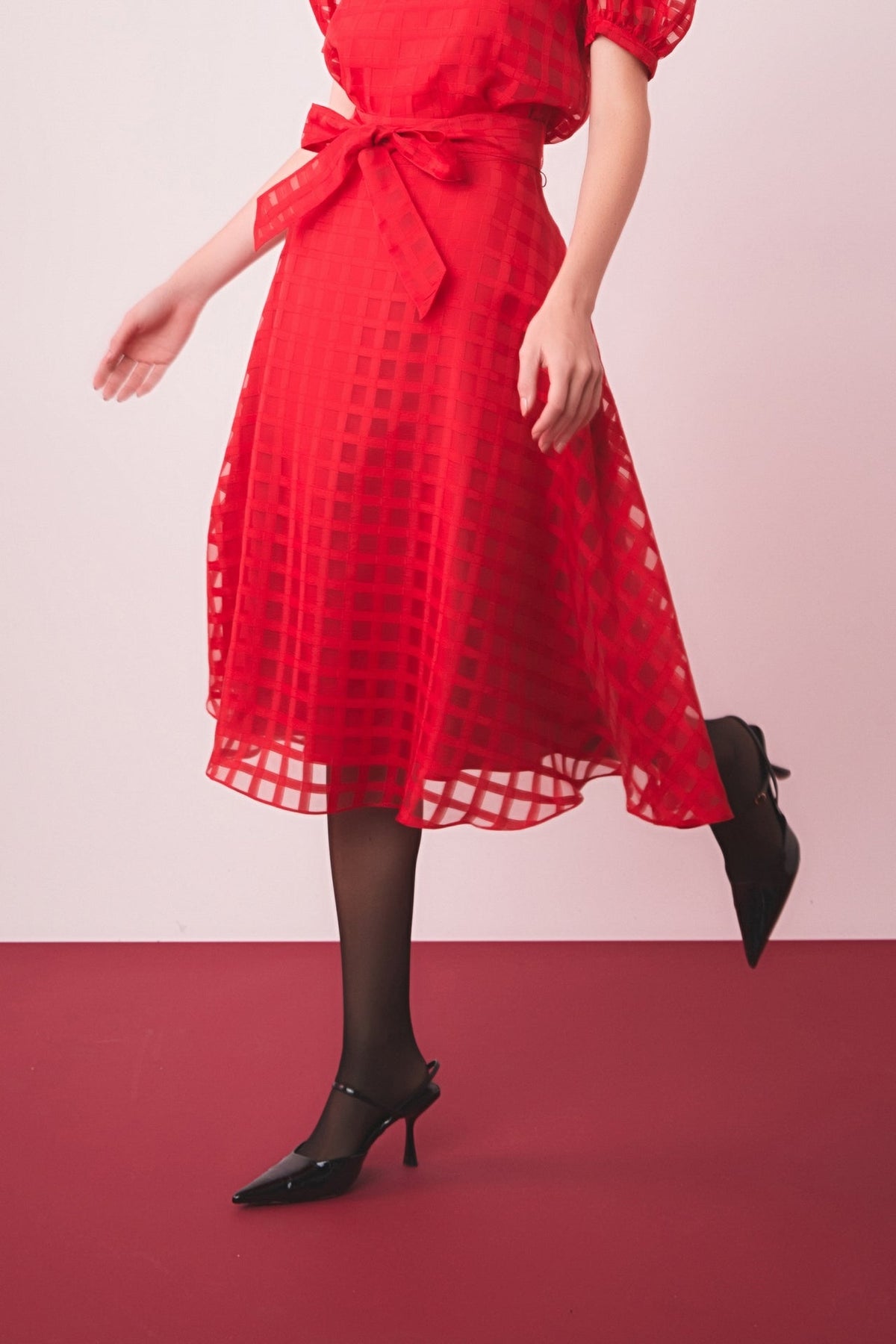 ENGLISH FACTORY - Plaid Organza Fit & Flare Midi Skirt - SKIRTS available at Objectrare