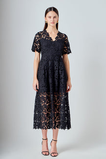 ENDLESS ROSE - All Over Lace Short Sleeves Midi Dress - DRESSES available at Objectrare