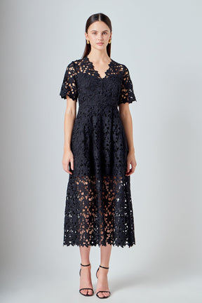 ENDLESS ROSE - All Over Lace Short Sleeves Midi Dress - DRESSES available at Objectrare