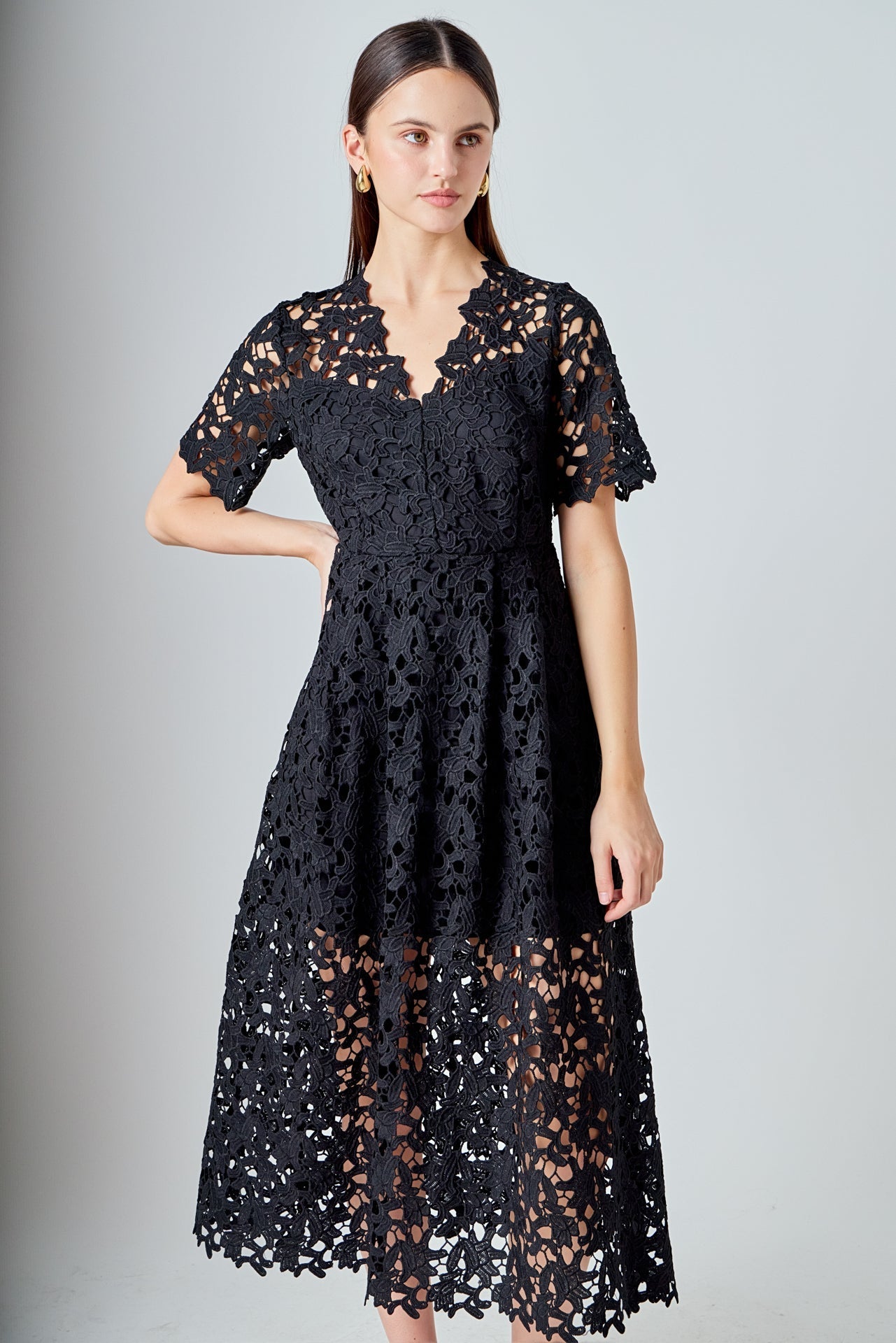 All Over Lace Short Sleeves Midi Dress