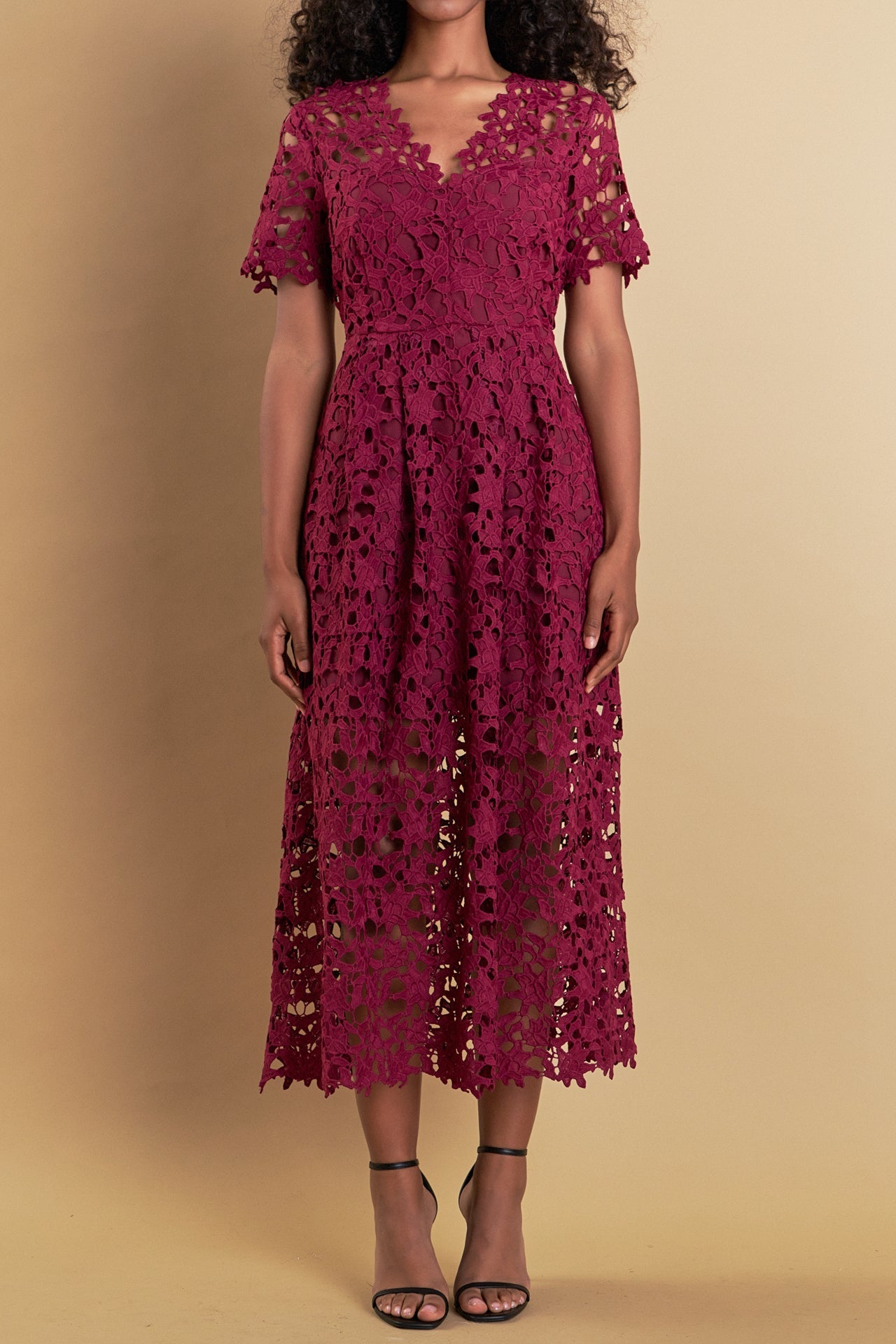 ENDLESS ROSE - All Over Lace Short Sleeves Midi Dress - DRESSES available at Objectrare