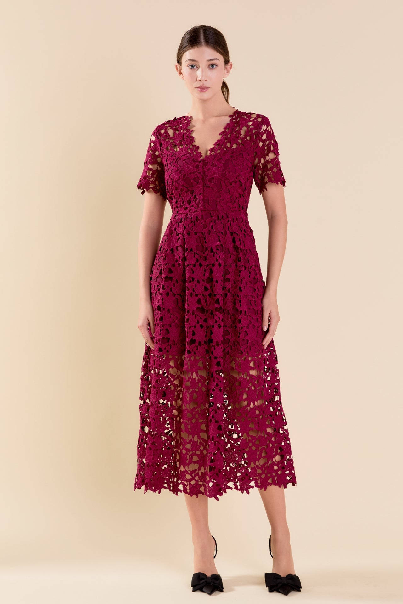 ENDLESS ROSE - All Over Lace Short Sleeves Midi Dress - DRESSES available at Objectrare